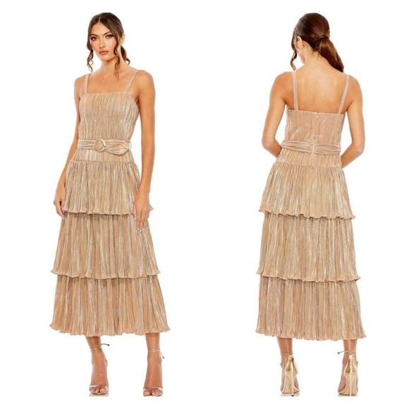 IEENA MAC DUGGAL gold ruffle tiered belted dress formal gown metallic size 6 NWT